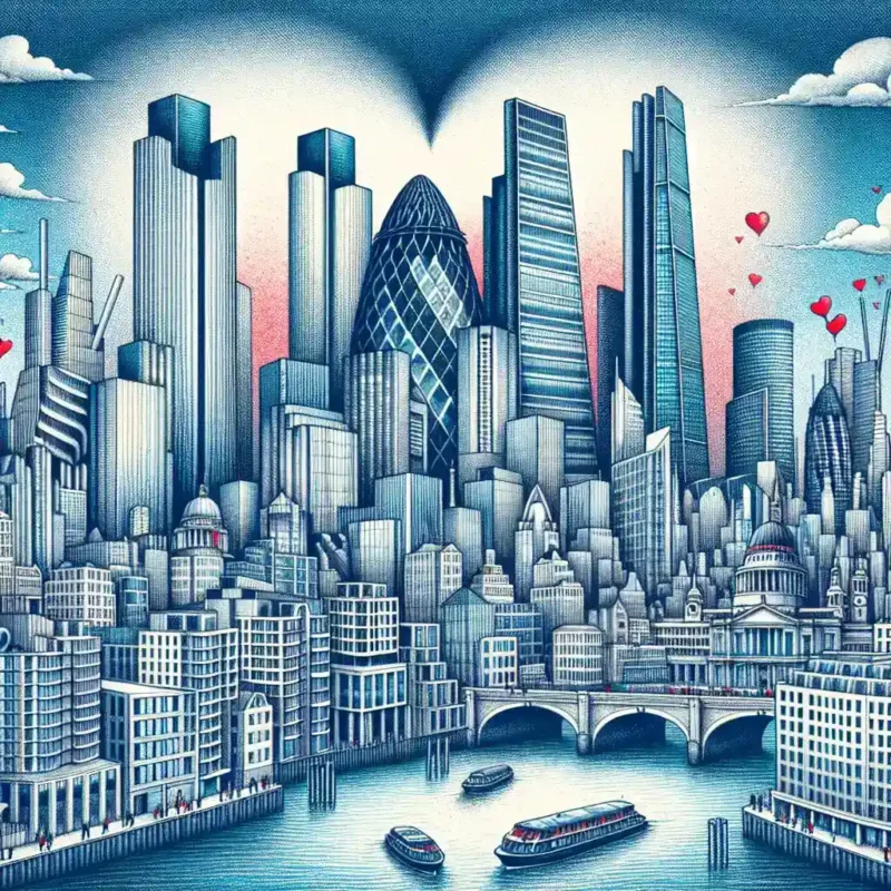 AI-getekende skyline met willekeurige gebouwen en een groot hart op de achtergrond.