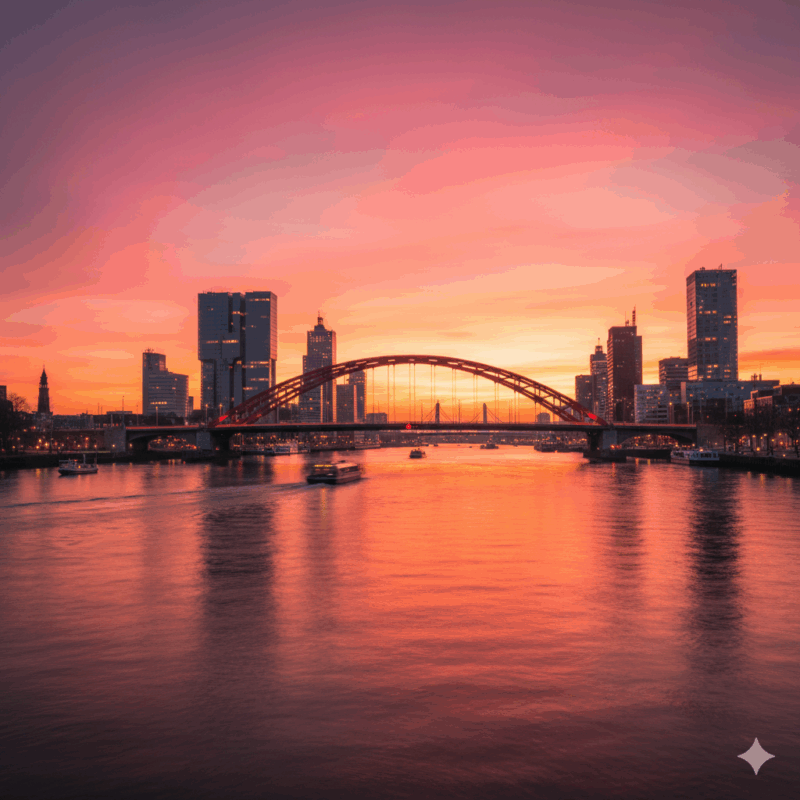 Van Brienenoordbrug in Rotterdam bij zonsopgang met oranje gloed en verkeer.