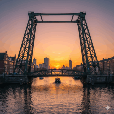 Historische Koningshavenbrug ('De Hef') van Rotterdam bij zonsopgang met gouden licht op de achtergrond.