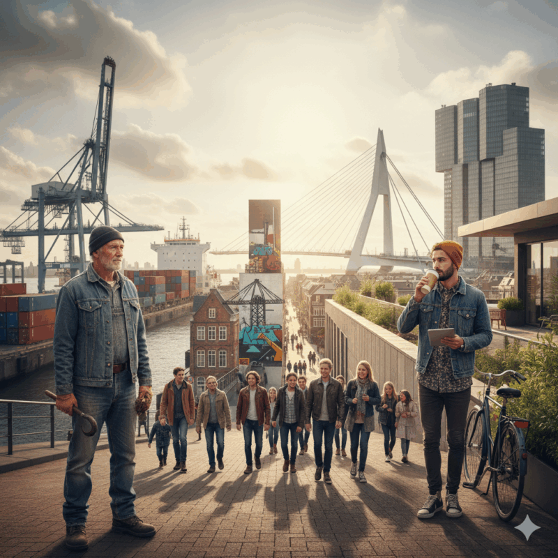 Hardwerkende arbeiders in de Rotterdamse haven met containerschepen en hijskranen.