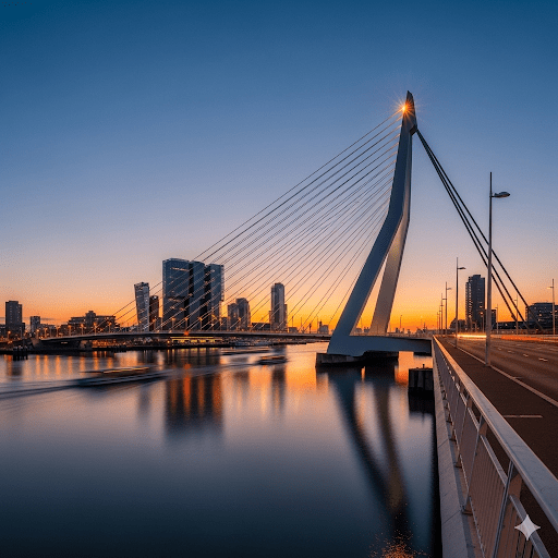 De iconische Erasmusbrug ('De Zwaan') van Rotterdam, met zijn kenmerkende witte mast en tuien.