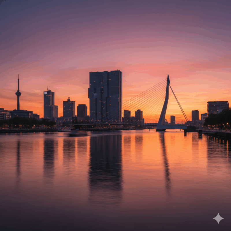 Rotterdamse skyline bij ochtendzonlicht met zicht op de Erasmusbrug, Euromast en diverse moderne gebouwen.
