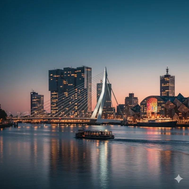 Rotterdamse skyline met Erasmusbrug op de voorgrond en de Markthal, De Rotterdam en andere moderne gebouwen.
