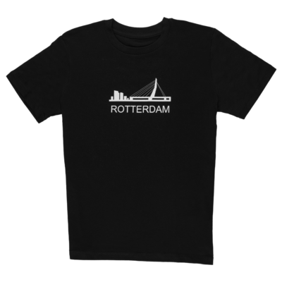 Zwarte Stadstrots kinder T-shirt met Rotterdam skyline en Erasmusbrug logo